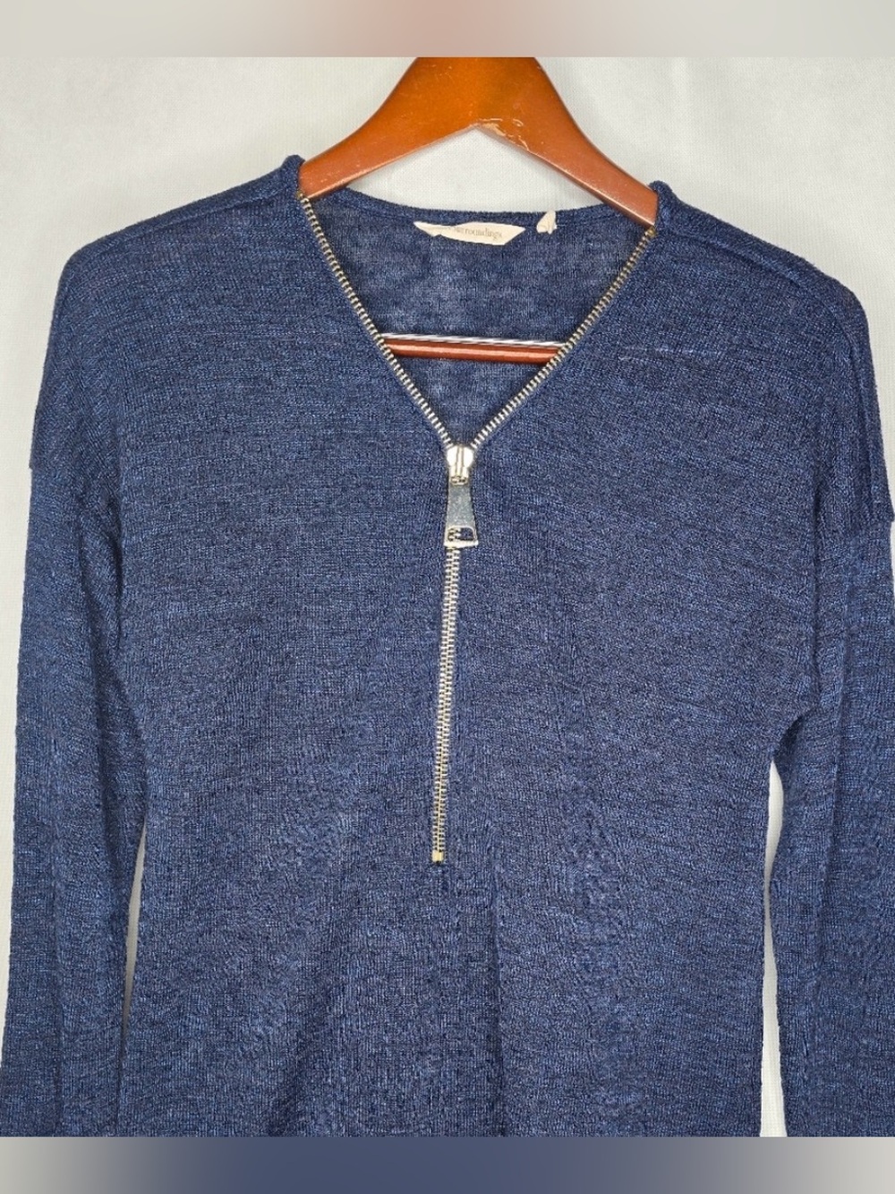 Soft Surroundings Valentina Sweater Navy Blue Gold Zipper V-neck Slub Knit M